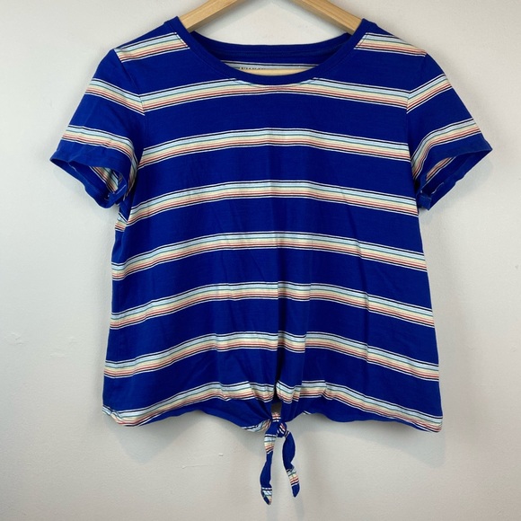 American Eagle Outfitters Tops - American Eagle Blue w/Rainbow Stripes Crop Tie Short Sleeve Shirt Size Medium